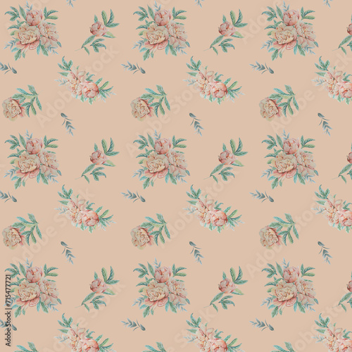 Floral pattern watercolor peonies, spring pattern retro, vintage