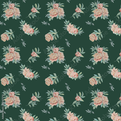Floral pattern watercolor peonies, spring pattern retro, vintage