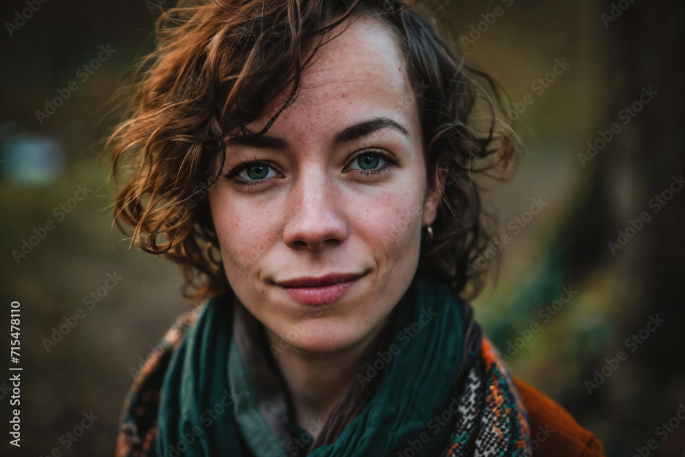 A young woman with curly hair and freckles, exuding a relaxed confidence in an autumnal outdoor setting