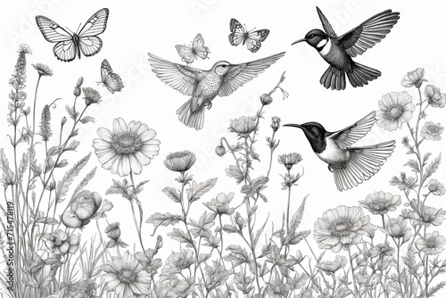 Hand drawn black and white blooming flowers, butterflies, birds on blank background. Monochrome floral composition in vintage style. Generative Ai