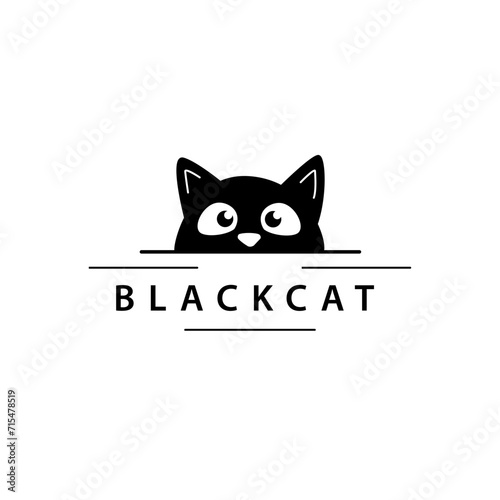 Illustration of black cat. Logo of company hotel pets or veterinary. Vector sign cute black cat. Modern style business sign on white background.