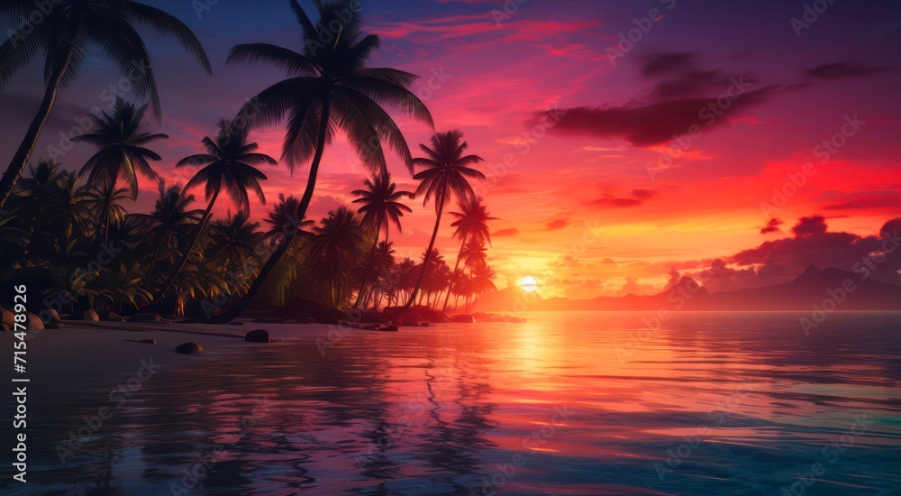 Incredible red sunset over the ocean and sand beach with palm trees.