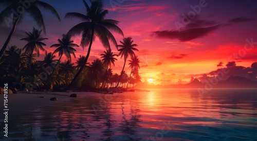 Incredible red sunset over the ocean and sand beach with palm trees.