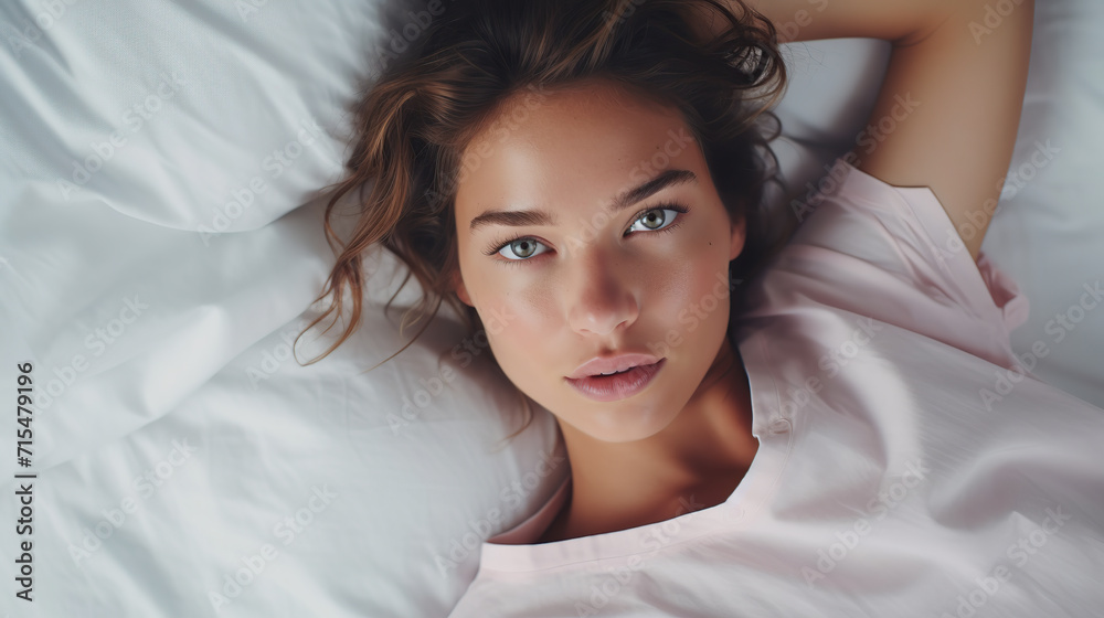Serene Woman Relaxing in Bed Covered With Soft White Sheets in the Morning
Serene Woman Relaxing in Bed Covered With Soft White Sheets in the Morning