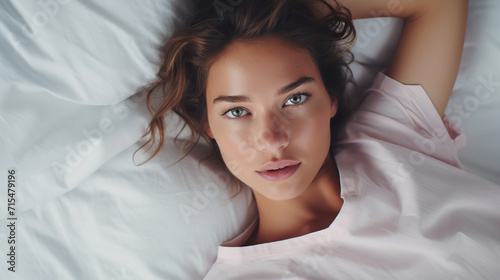 Serene Woman Relaxing in Bed Covered With Soft White Sheets in the Morning 