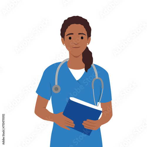 Young nurse in uniform holding notebook and pen to take notes, health worker intern woman standing and smiling. Flat vector illustration isolated on white background