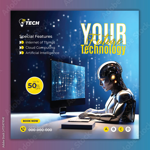 Future artificial intelligence social media post square banner templates ai generated
