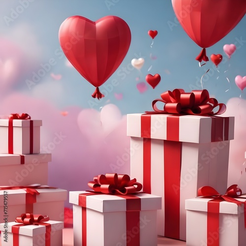Gift boxes with heart balloon floating it the sky, Happy Valentine's Day.
