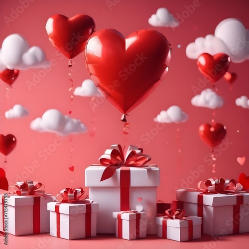 Gift boxes with heart balloon floating it the sky, Happy Valentine's Day.
