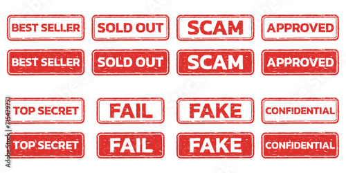 Rubber stamp set with grunge texture. Damaged seal icon or sign. Vector illustration.