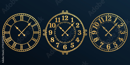 Clock face vintage set. Old wall watch with retro numeral. Antique clock-face design. Vector illustration. photo