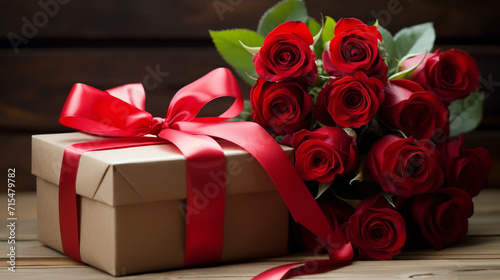 St. Valentine s Day present. Small hearts  candles  a gift box  and red roses bouquet on light background.