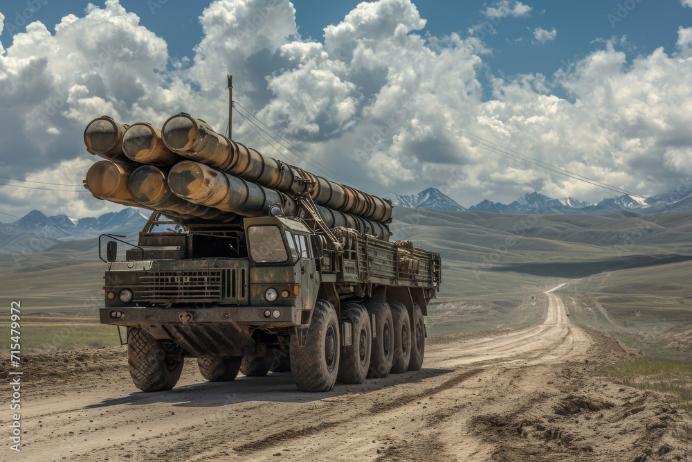 Ein Militärfahrzeug wird mit Raketen beladen Ein Militärfahrzeug wird mit Raketen beladen