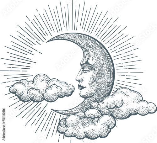 Halfmoon with human face in clouds