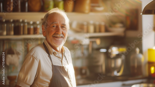 A senior chef with a cheerful expression stands in a sunlit rustic kitchen, reflecting the warmth and passion of a culinary expert. 