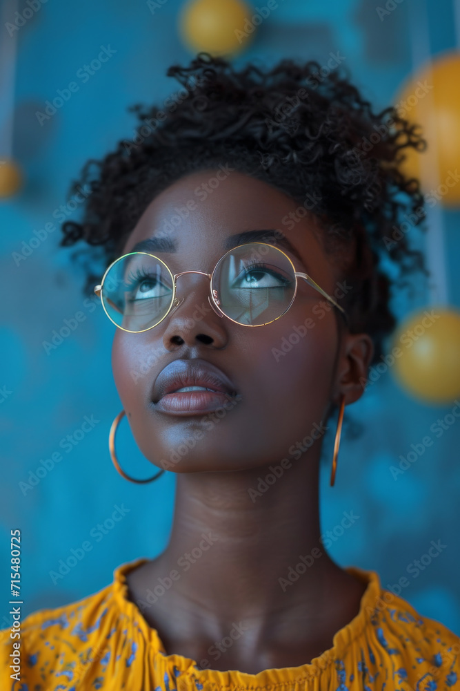 Afrikanische Frau mit Brille blickt nach oben