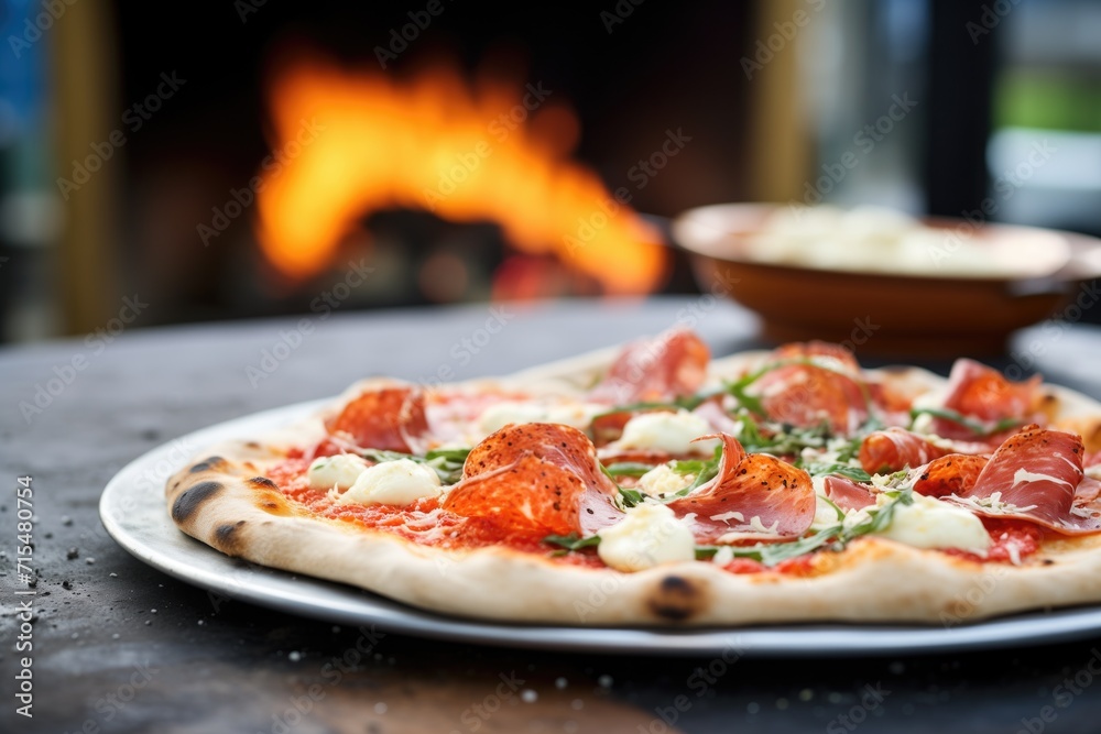 salami within a wood-fired pizza, bubbling cheese on top salami within a wood-fired pizza, bubbling cheese on top