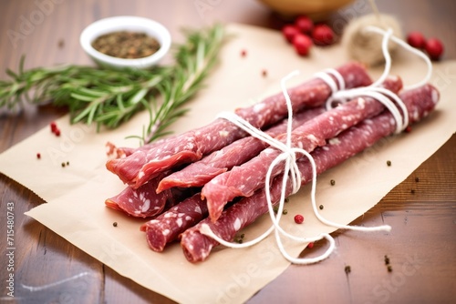salami sticks bundled together with twine on parchment paper
