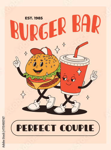Cartoon fast food poster. Retro groovy cards with mascot food characters. Brochure design with quote text for cafe. Banner with funky groovy burger with soda. Fast food delivery flyer