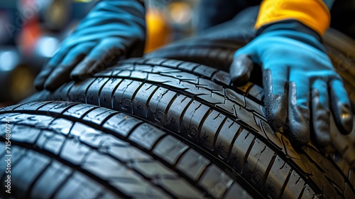 Skilled technician replacing winter and summer tires with ample copy space for text placement