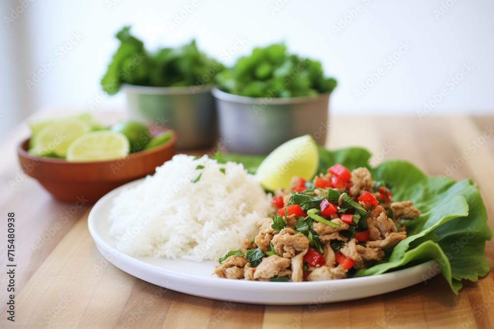 turkey lettuce wraps with a side of jasmine rice