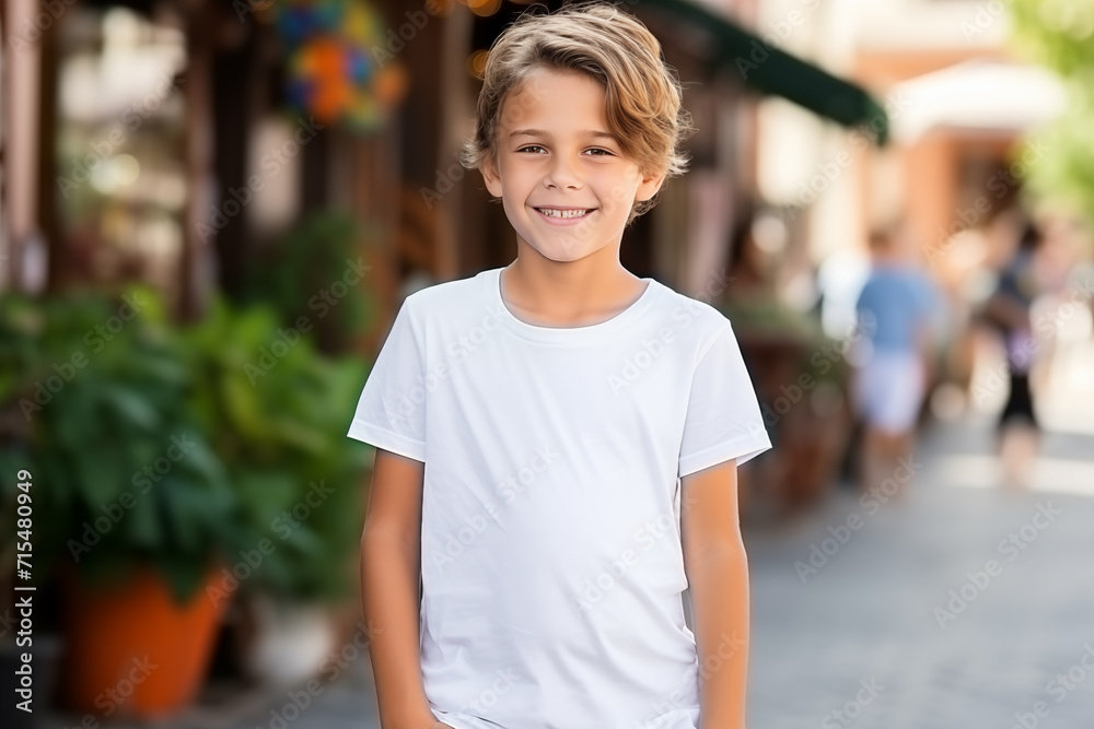 a little young boy in a mockup white T-shirt standing and smiling