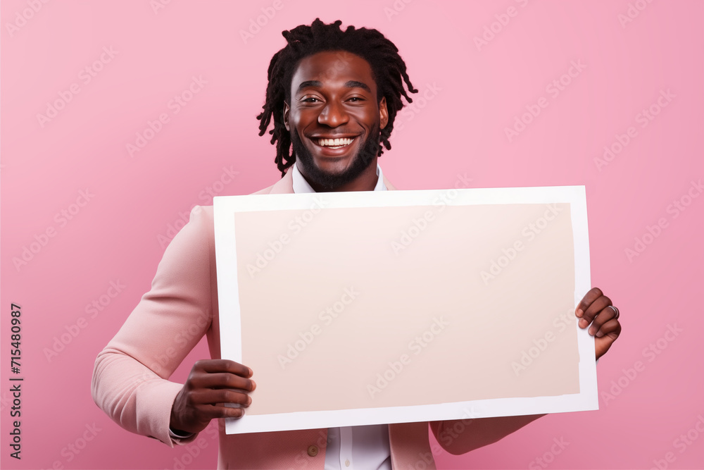 An African guy smiling and holding a blank paper on a pink background An African guy smiling and holding a blank paper on a pink background
