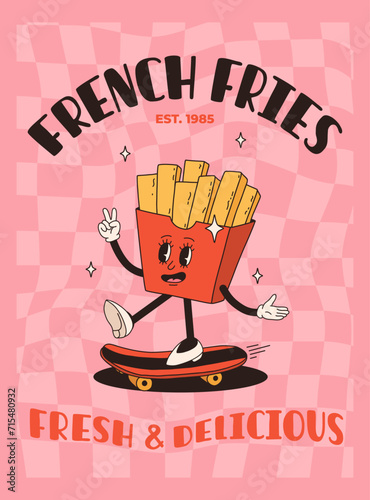 Cartoon fast food poster. Retro groovy cards with mascot food characters. Brochure design with quote text for cafe. Banner with funky groovy french fries. Fast food delivery flyer