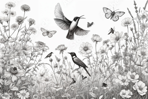 Hand drawn black and white blooming flowers, butterflies, birds on blank background. Monochrome floral composition in vintage style. Generative Ai