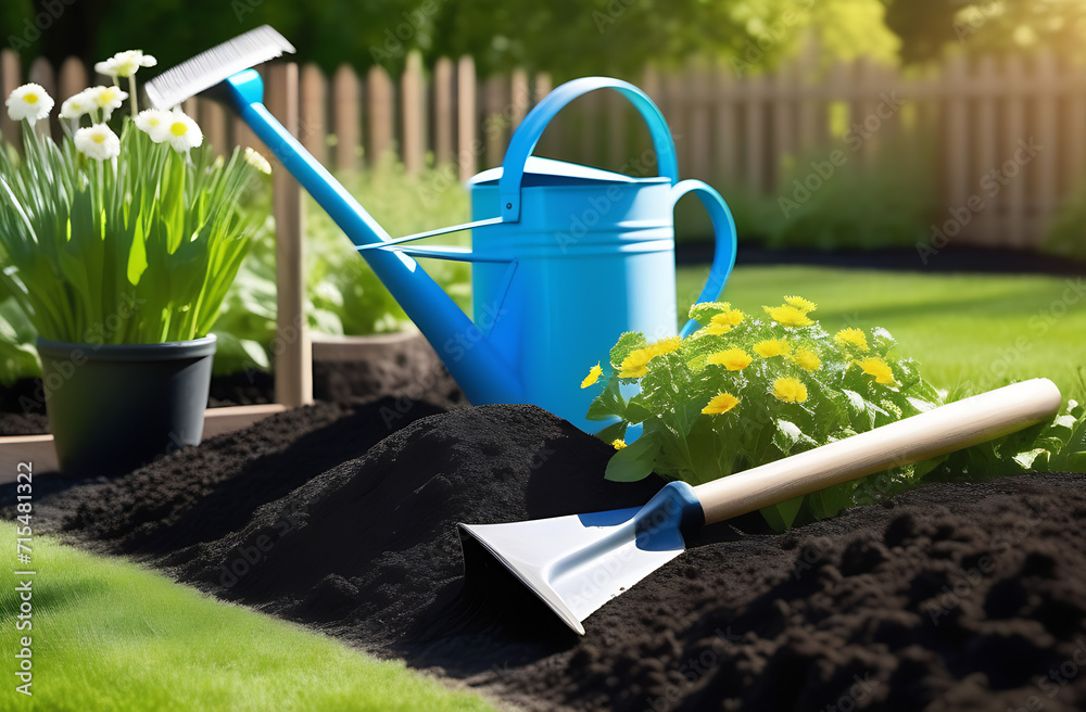 gardening tools a rake, a shovel, a watering can, a hose with water on a garden plot in early spring, black earth, a clear sunny day, in the background there is a fence and rare lush green grass, in t