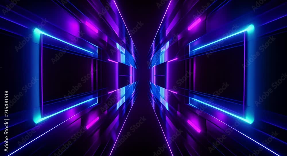 Animation of Purple grids neon glow light lines design on perspective floor, 3d technology abstract neon light background. Abstract flight in retro neon hyper warp space in the tunnel. Video animation