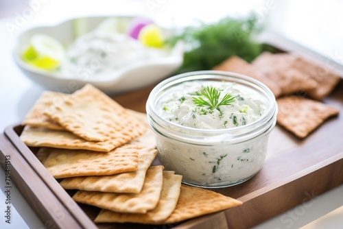 authentic greek tzatziki with pita chips for dipping