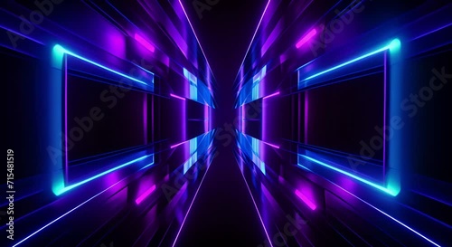 Animation of Purple grids neon glow light lines design on perspective floor, 3d technology abstract neon light background. Abstract flight in retro neon hyper warp space in the tunnel. Video animation