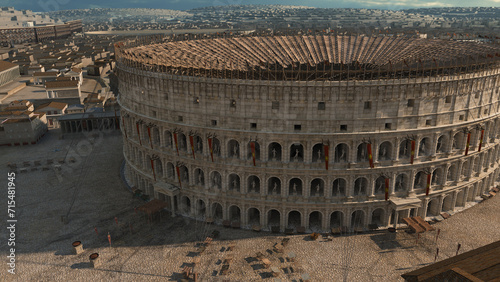 roman colosseum scientific 3D reconstruction with animated detail of the velarium, roman forum and marketplace , flightover and birdsview of the city of rome