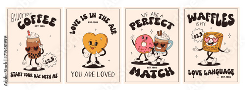 Valentine's Day set of vintage characters. Happy and cheerful retro. Old animation 50s, 60s 70s, groovy cartoon characters of coffee and sweets, donut, cupcake, espresso, latte, cocoa, cake. present.
