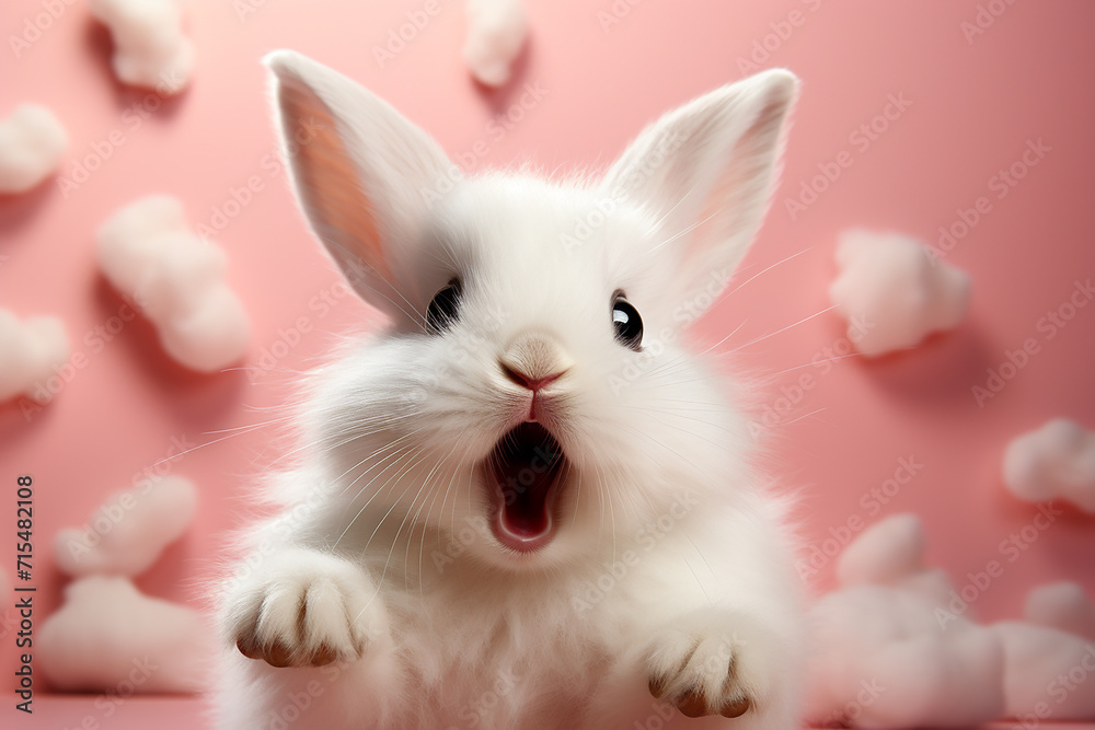 a surprised fluffy white rabbit with his mouth wide open jumps with his paws raised and looks at the camera