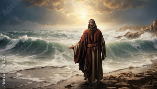 Moses with stretched hands near waters of Red Sea, Crossing the Red Sea - Bible Story. AI generated photo