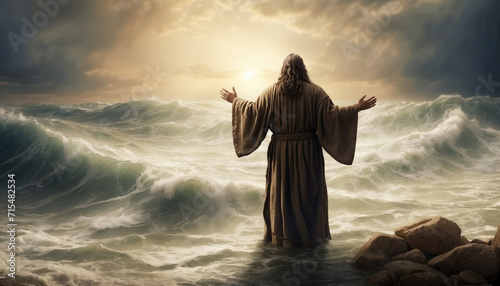 Moses with stretched hands near waters of Red Sea, Crossing the Red Sea - Bible Story. AI generated