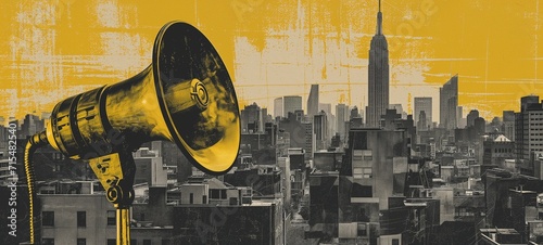 Vintage-inspired graphic illustration of a bold yellow megaphone against a monochromatic cityscape, perfect for urban-themed designs.