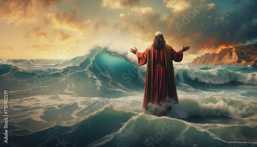 Moses with stretched hands near waters of Red Sea, Crossing the Red Sea - Bible Story. AI generated