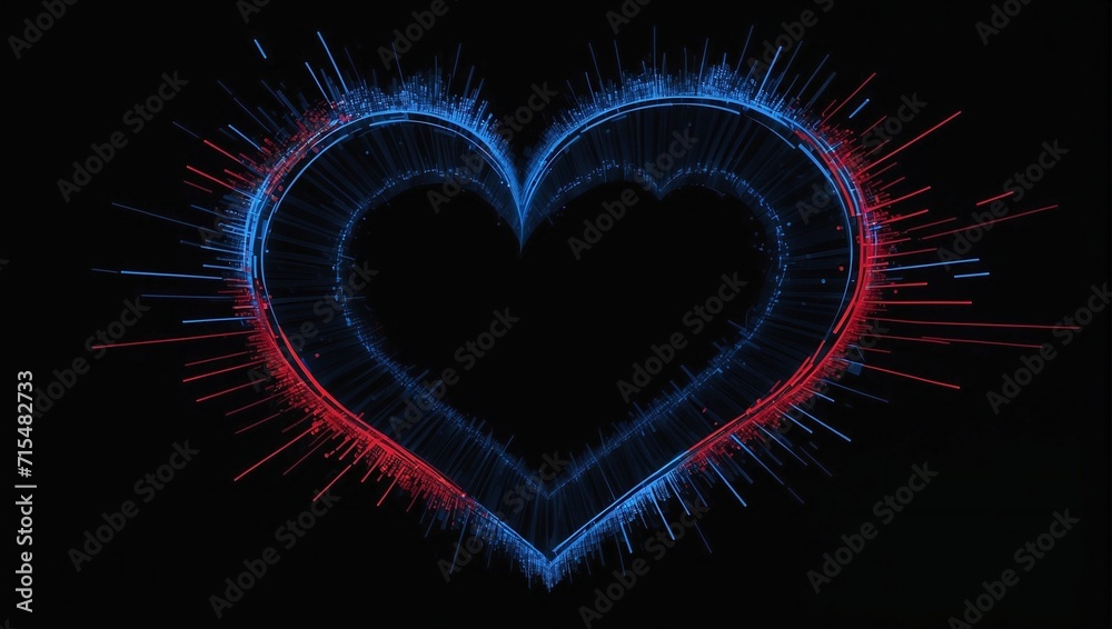 Heart shape with blue and red digital vector lines and dots on black background