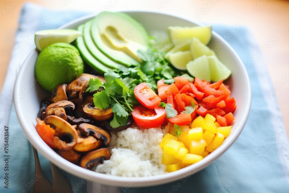 veggie burrito bowl with a dollop of guacamole veggie burrito bowl with a dollop of guacamole