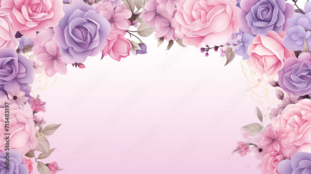 Banner with frame made of rose flowers and green leaves on a pink background. Springtime composition with copyspace. Banner with frame made of rose flowers and green leaves on a pink background. Springtime composition with copyspace.