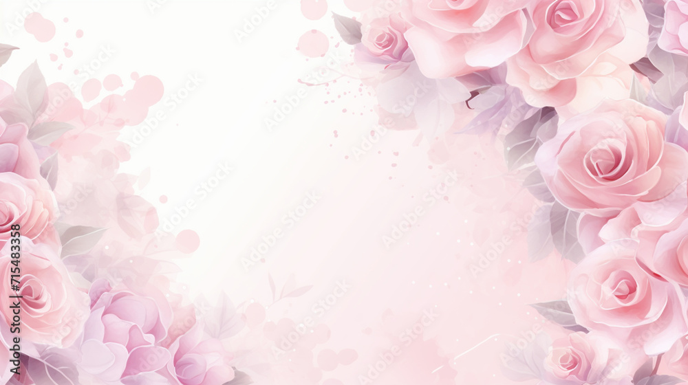 Banner with frame made of rose flowers and green leaves on a pink background. Springtime composition with copyspace.