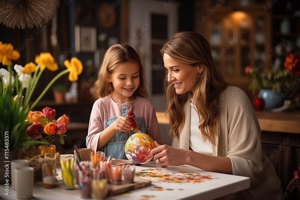 mother and daughter color Easter eggs at the table and smile