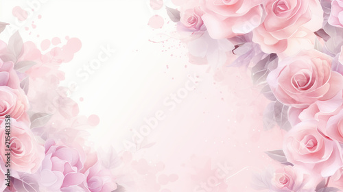 Banner with frame made of rose flowers and green leaves on a pink background. Springtime composition with copyspace. © alexkich