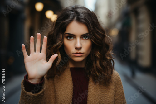 Portrait of a serious young woman standing with outstretched hand showing stop gesture, domestic violence concept. Stop violence and abuse.