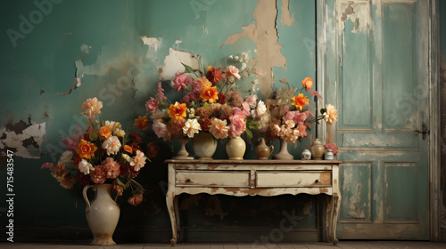 Table with flowers on steten background. Retro and vintage background. Generative AI