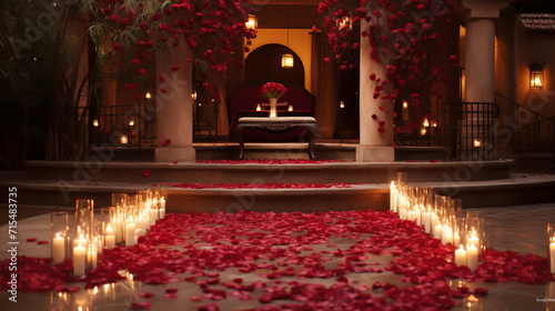 Location for surprise proposal at night. Luxury romantic date. Decoration, flower petals on Valentine's day. photo