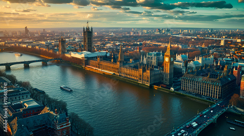 Aerial view of the Tower Bridge in London. One of London's most famous bridges and must-see landmarks in London. Beautiful panorama of London Tower Bridge. generative ai © Saleem